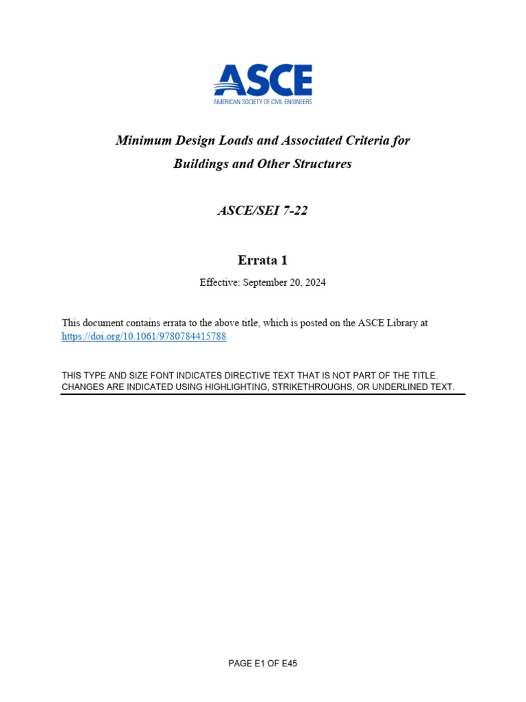 ASCE 7-22 errata pages and introduction document alongside the complete standard