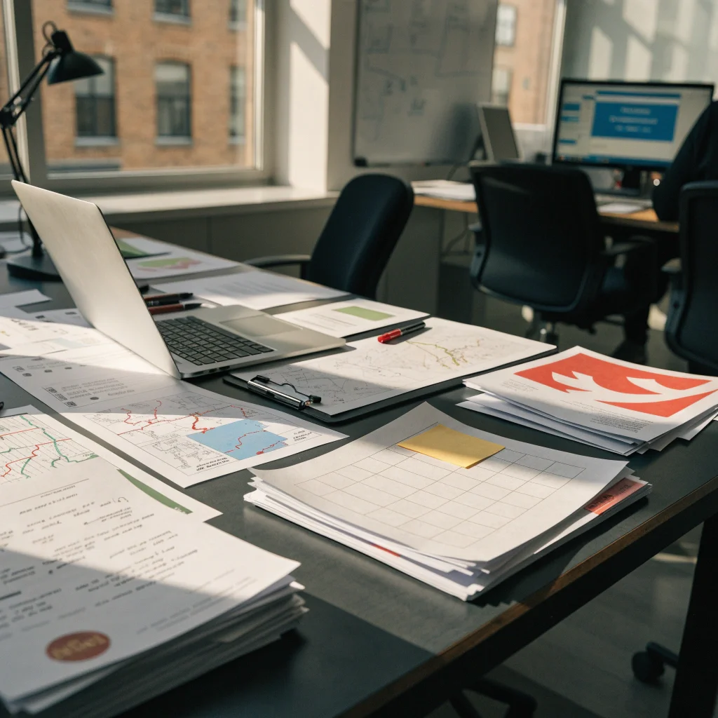 Editorial desk with regional notes and news planning